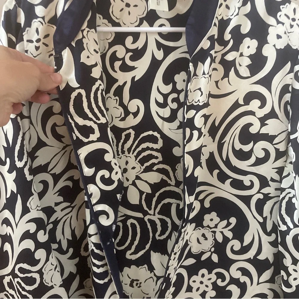 Natori Vintage Full Zip Caftan Robe & Gown Set Navy Neiman Marcus Long Kimono M
